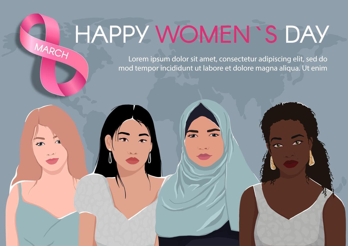 Happy Women's Day poster. Horizontal card with an inscription and women with different skin colors. Flat modern illustration. vector
