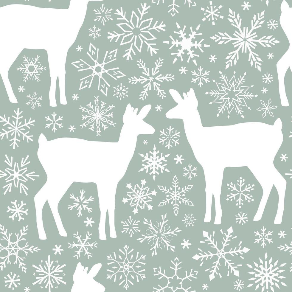 Seamless pattern with silhouettes of deer and snowflakes. vector