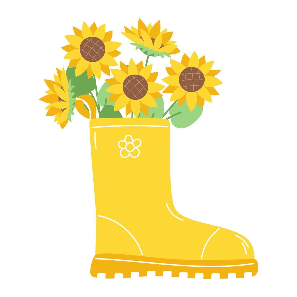Bouquet of yellow sunflowers in a yellow rubber boot on a rainy day vector