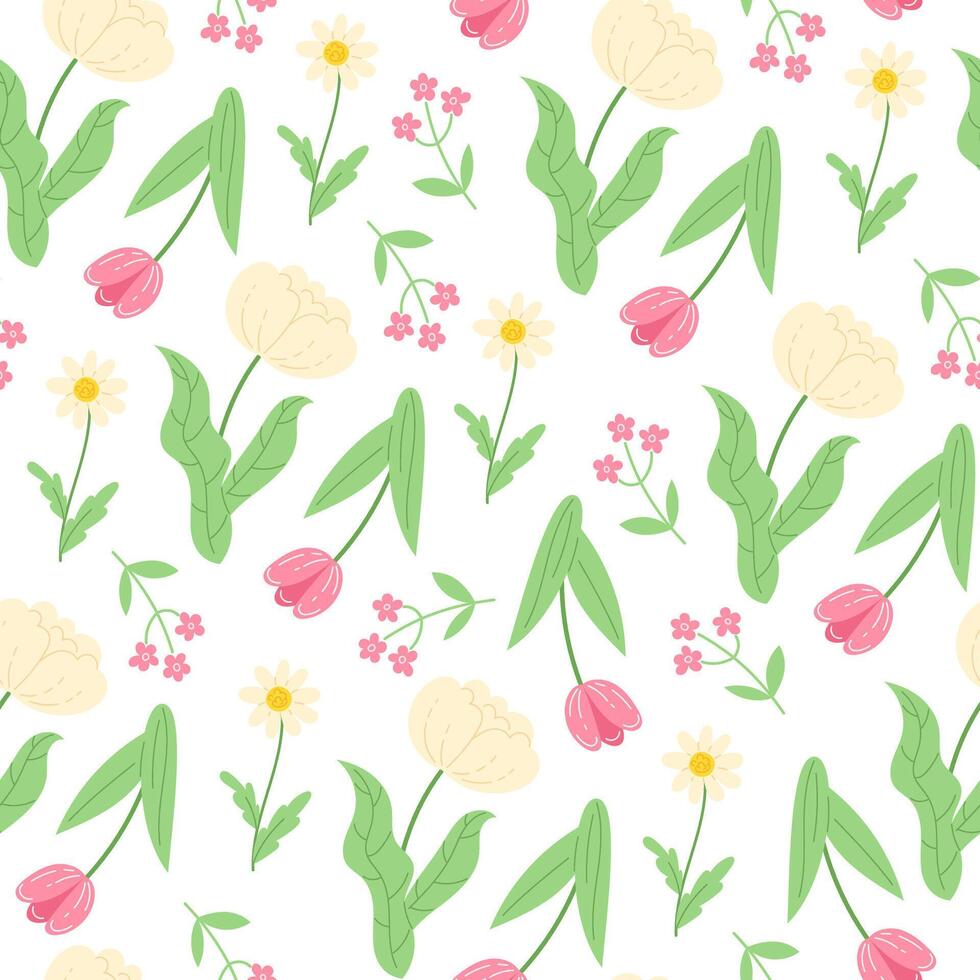 Seamless pattern with spring pink flowers, white peonies, tulips, and wild daisies vector
