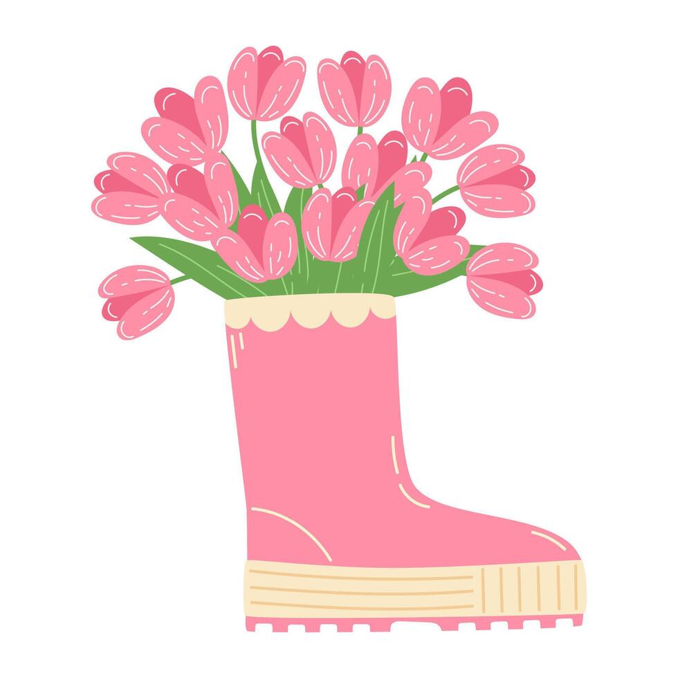 Bouquet of pink tulips in a pink rubber boot for spring rain vector