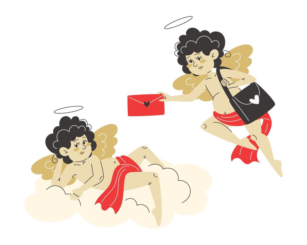 Cupid delivers a love letter to another Cupid resting on a fluffy cloud vector