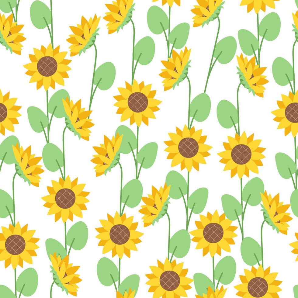 Seamless summer pattern with yellow sunflowers and green leaves on white background vector