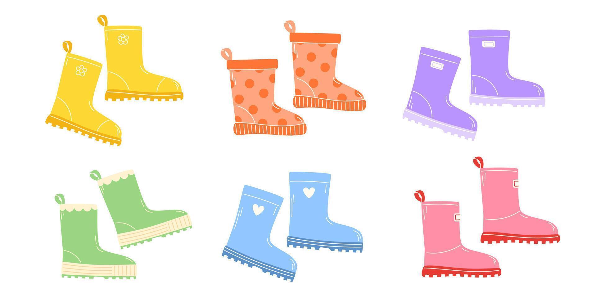 Vibrant Collection of Colorful Rubber Boots Perfect for Spring Showers and Rainy Days vector
