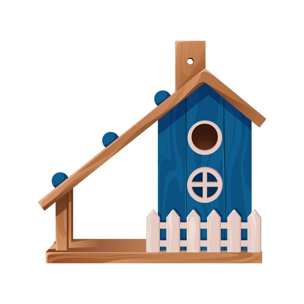 Bird house with feeder, for spring, summer, or winter birds. Hand drawn blue wooden birdhouse nest. Springtime illustration for banners, cards, web. Illustration isolated on a white background. vector