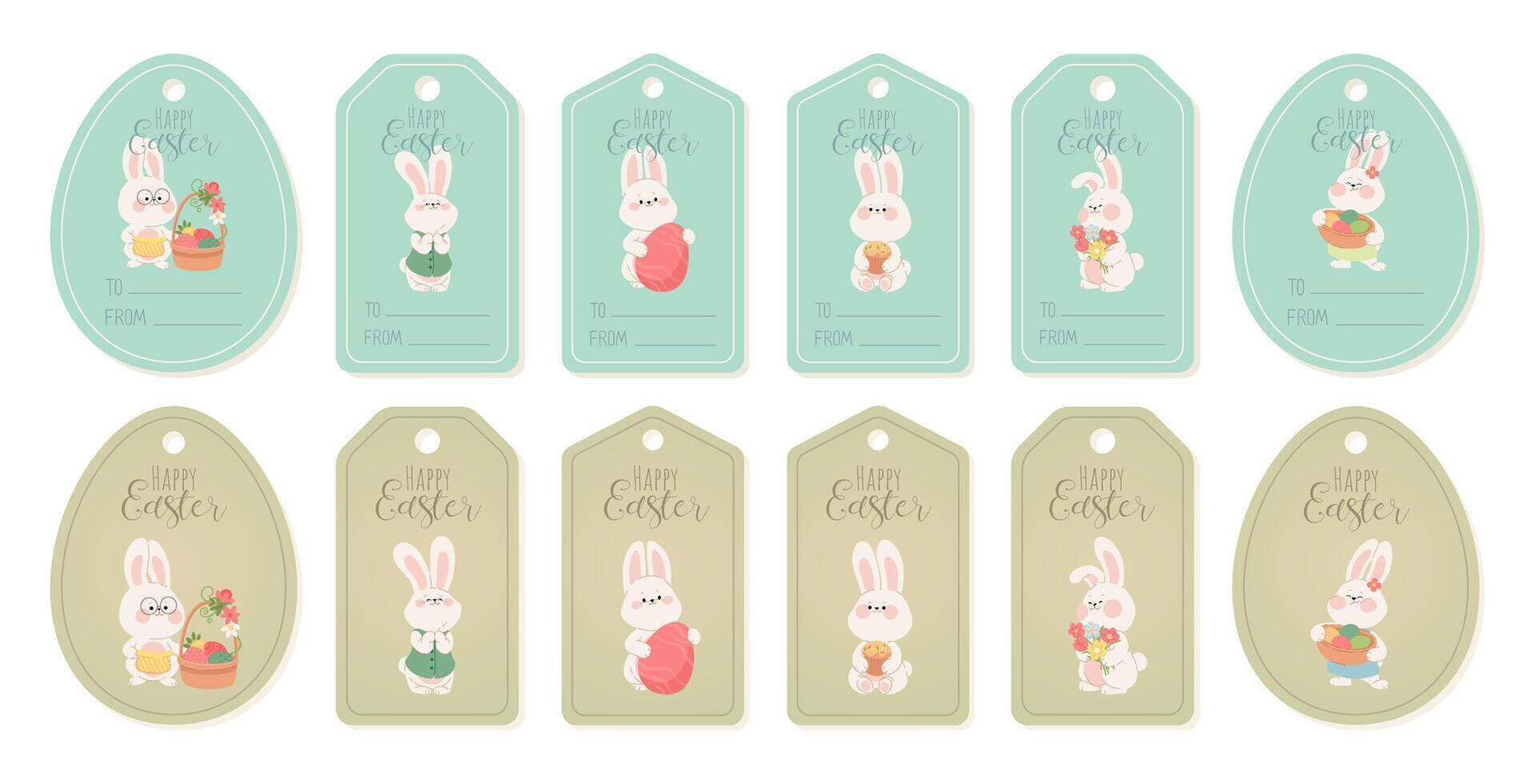 Easter tags with cute bunnies. Easter set of gift tags and price tags for spring holiday with rabbits, eggs, flowers. Illustration of templates for tag, label, and badge with cartoon characters. vector