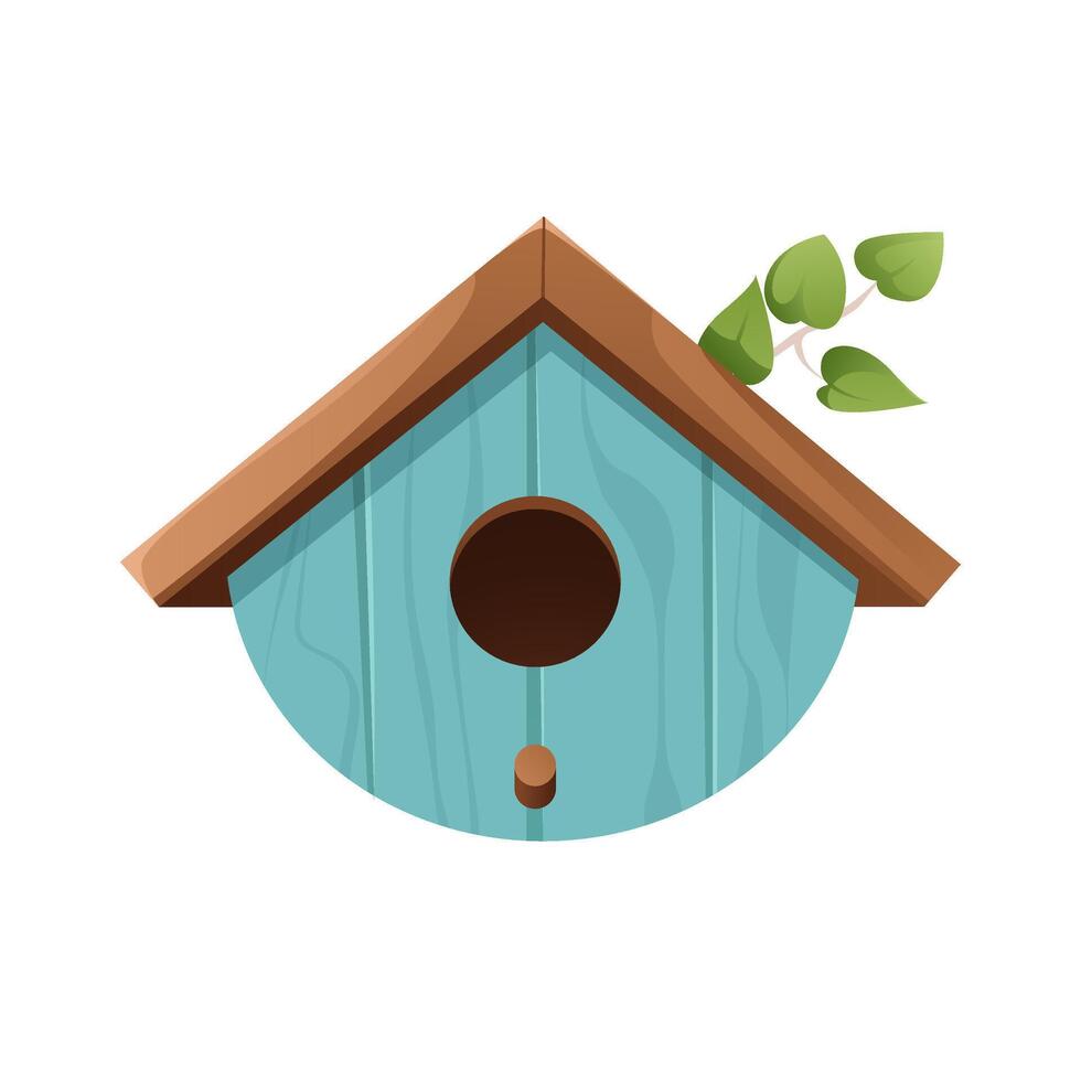 Birdhouse illustration isolated on a white background. Blue round hanging wooden bird house, feeder, and nest for spring, summer, or winter birds. Springtime illustration for banner, card, web. vector