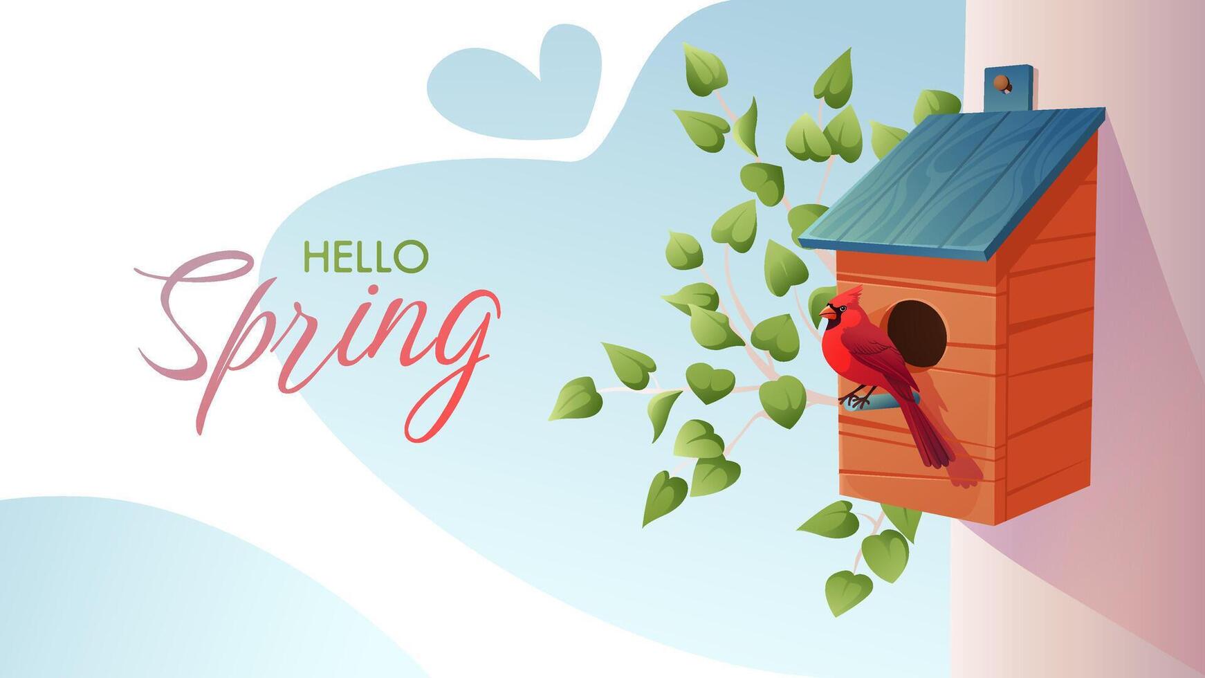 Hello Spring background. Spring season sale banner with birdhouse on a tree. Cartoon illustration design for poster, banner, flyer, greeting card, cover, social media post, and promotion. vector