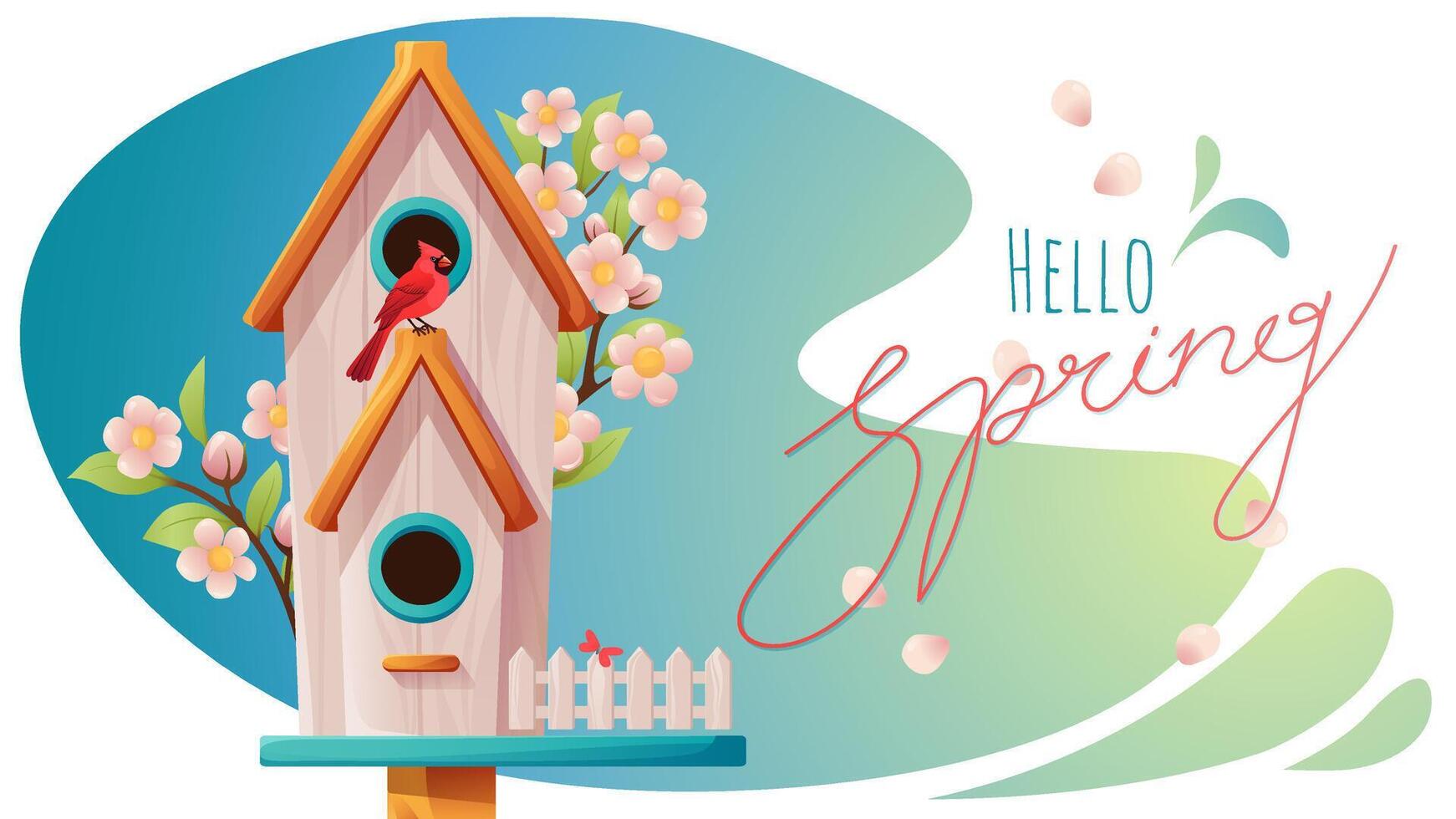 Hello Spring background. Spring season sale banner with birdhouse and cherry blossom branches. Cartoon illustration design for poster, banner, flyer, card, cover, social media post, promotion. vector