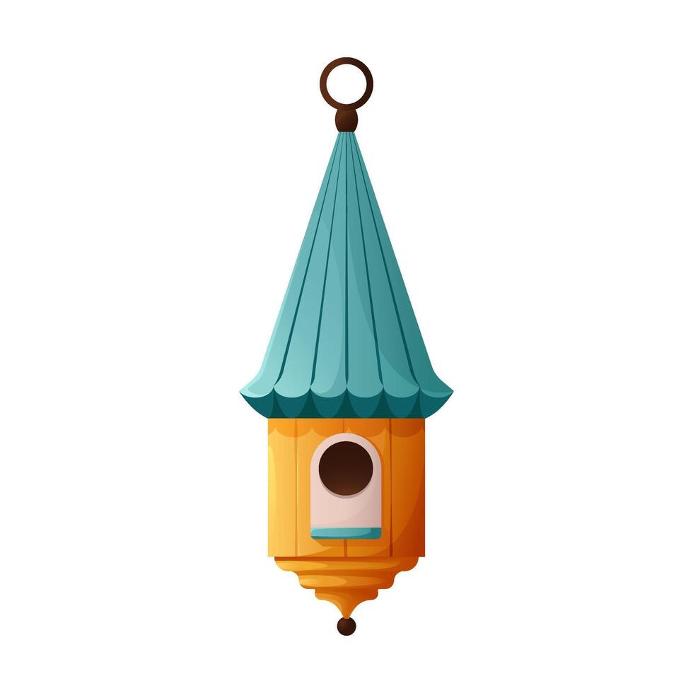 Round bird house illustration isolated on a white background. Hand drawn colorful birdhouse nest, feeder, and home for spring, summer, or winter birds. Illustration for banners, cards, web. vector