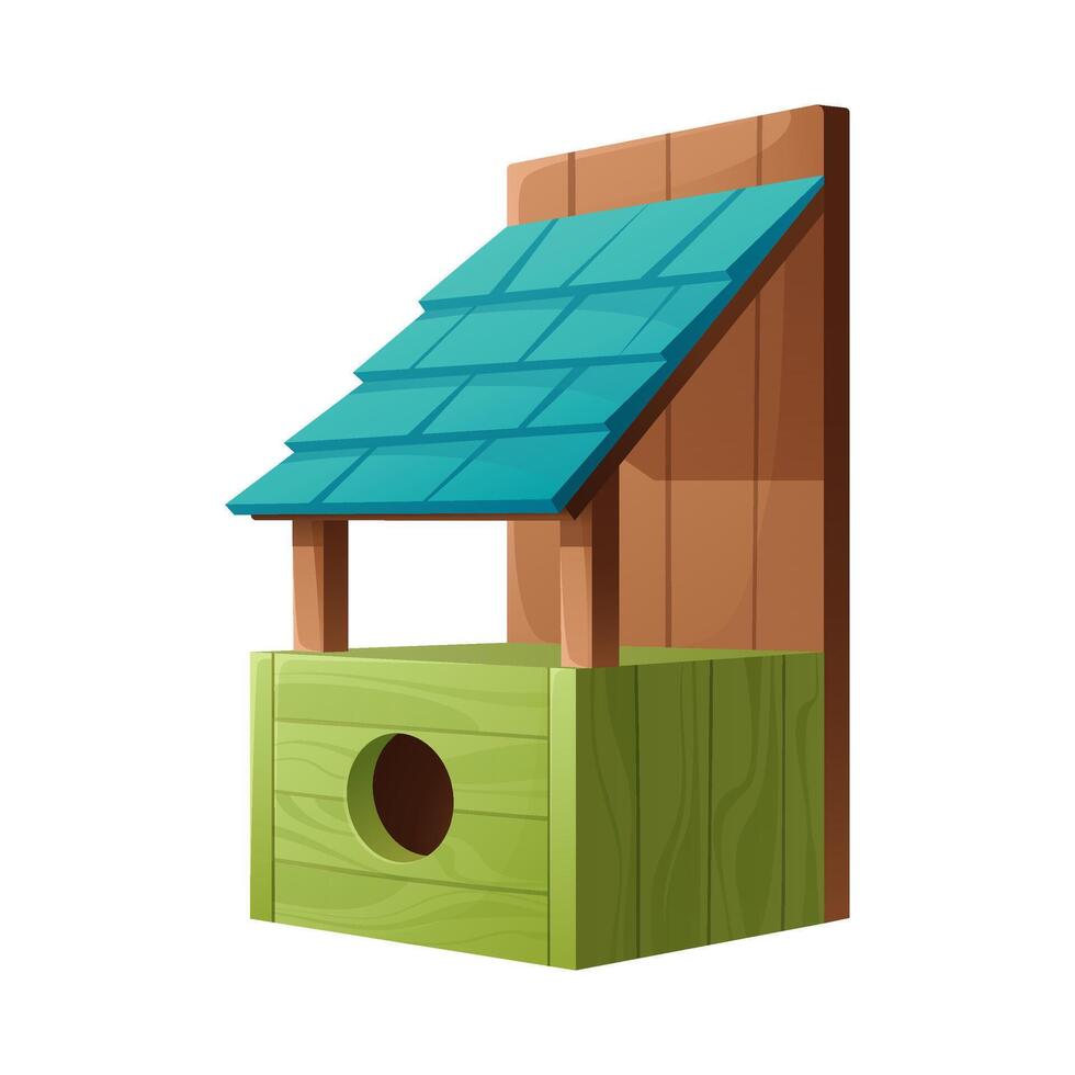 Birdhouse illustration isolated on a white background. Hand drawn green wooden bird house, feeder, and nest for spring, summer, or winter birds. Springtime illustration for banners, cards, web. vector