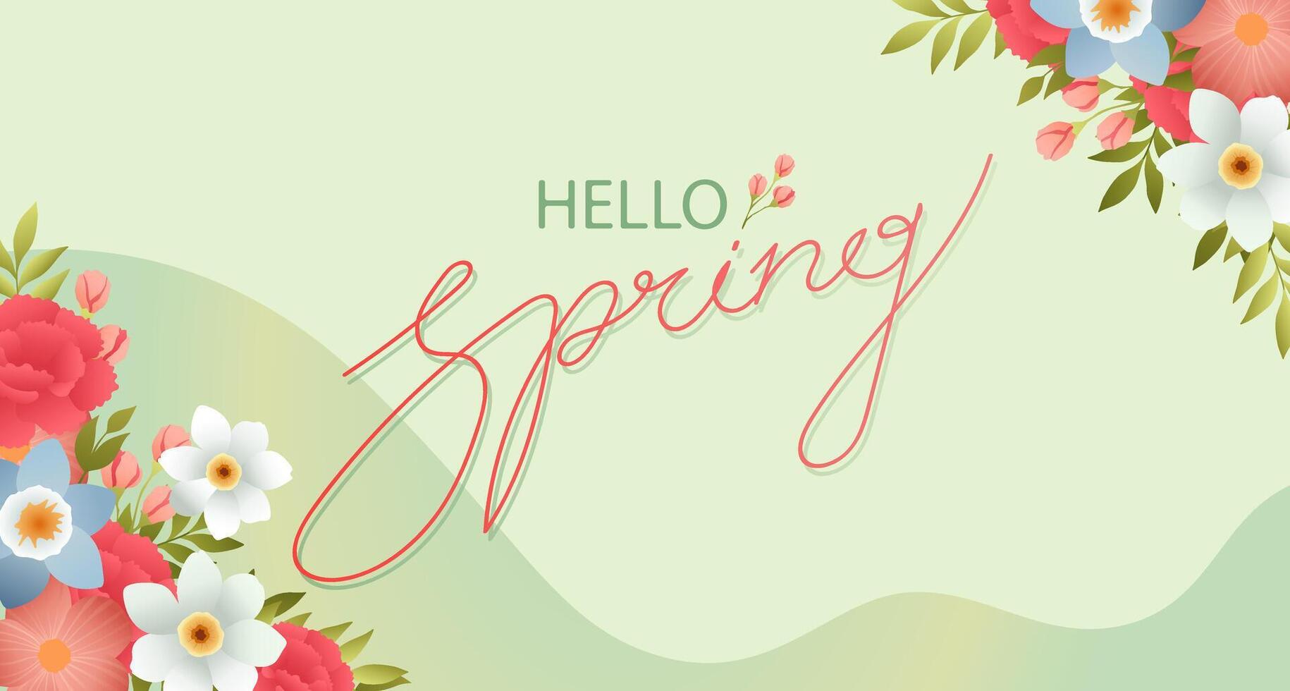Hello Spring background. Spring season sale banner with blooming flowers and lettering on green background. Illustration design for poster, banner, flyer, card, social media post, promotion. vector