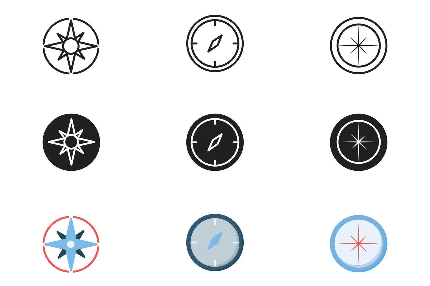 Compass icon set with 3 style line glyph line color vector