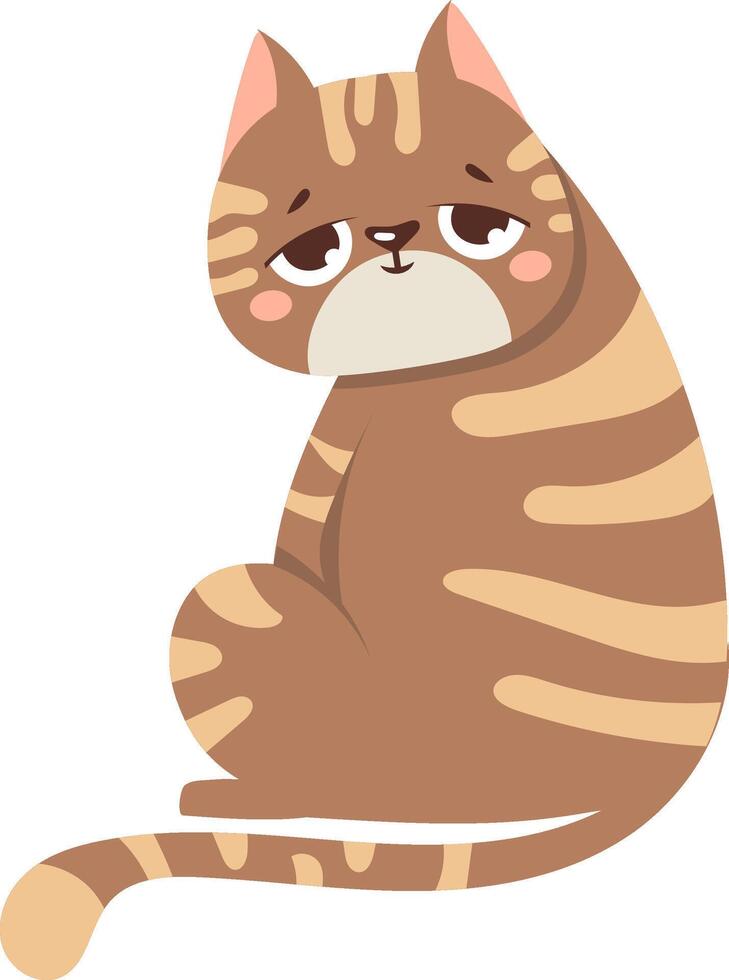 Adorable cartoon tabby cat with brown and beige stripes sitting with its tail extended, conveying a sense of boredom or melancholy with its droopy eyes and slightly downturned mouth vector