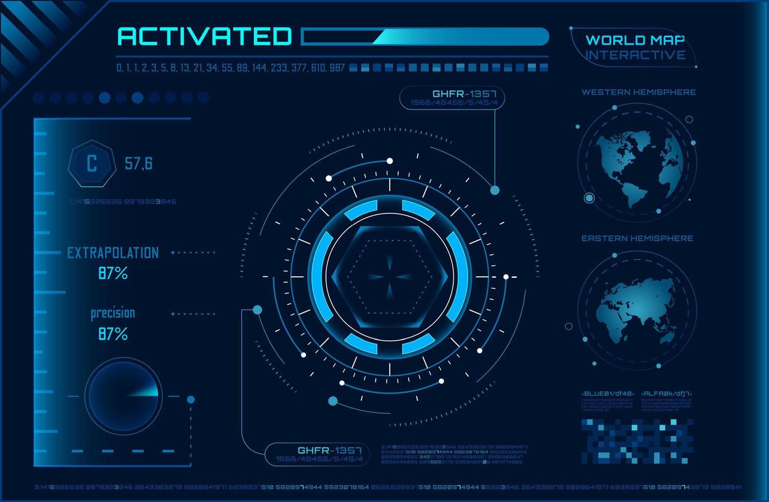 Futuristic head up display - HUD - interface with interactive world map, data analysis, extrapolation, and precision indicators, providing a glimpse into advanced technology and user interfaces vector