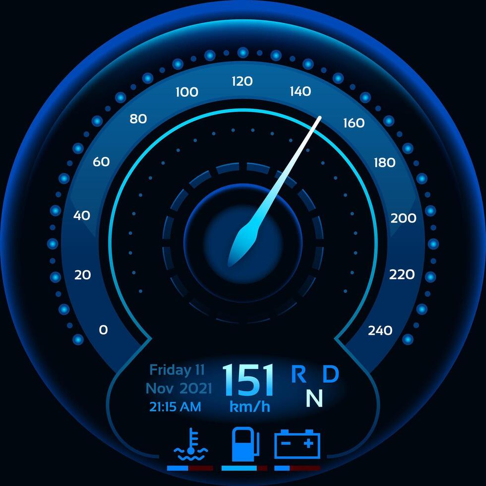 Futuristic speedometer showing 151 kilometers per hour on a car dashboard with date, time, coolant temperature, fuel level and battery charge indicator vector