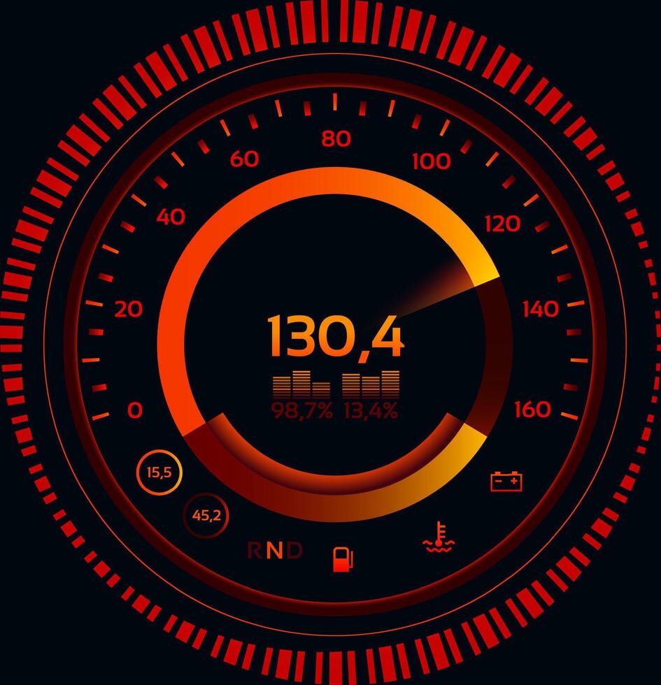 Futuristic circular speedometer with red and orange light effects showing speed, battery, fuel and temperature levels, with a dark background and red and black striped border vector