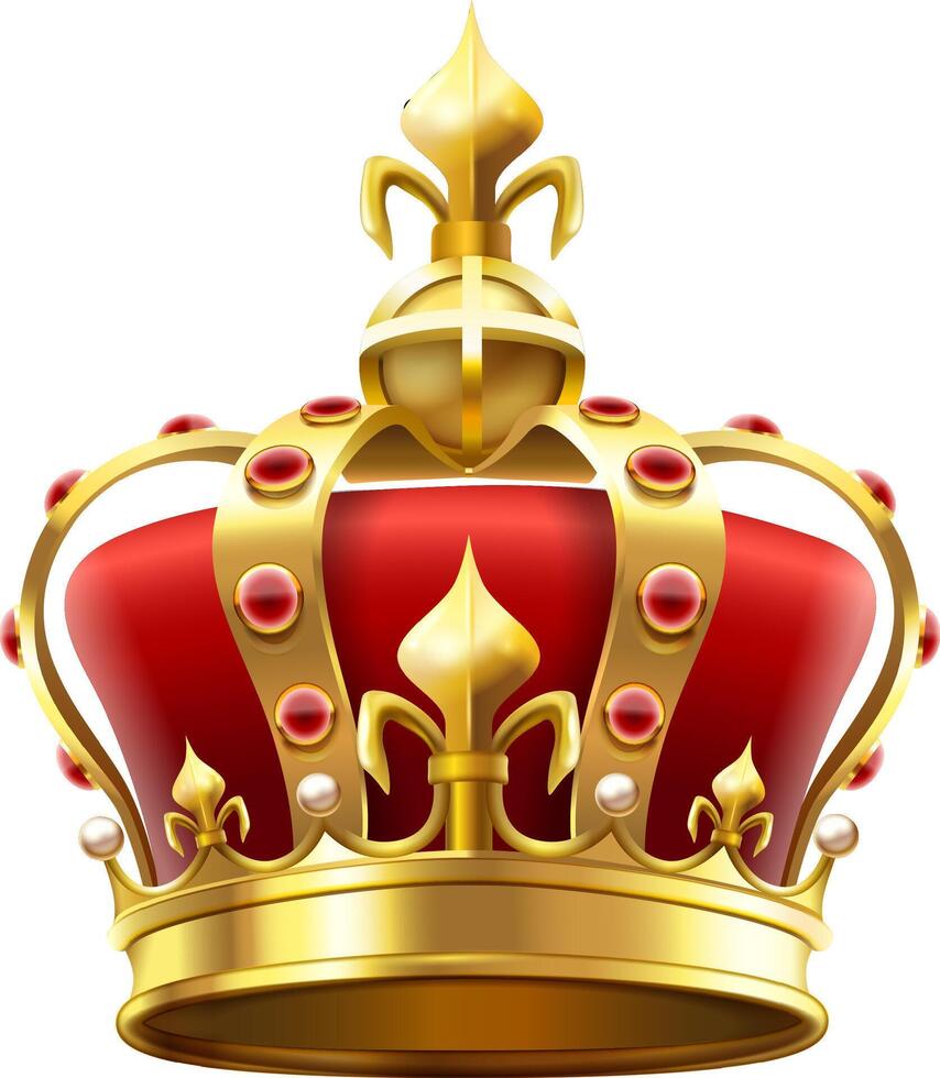 Realistic golden royal crown with red velvet, gemstones and pearls, symbolizing monarchy, power and authority, isolated on white background vector