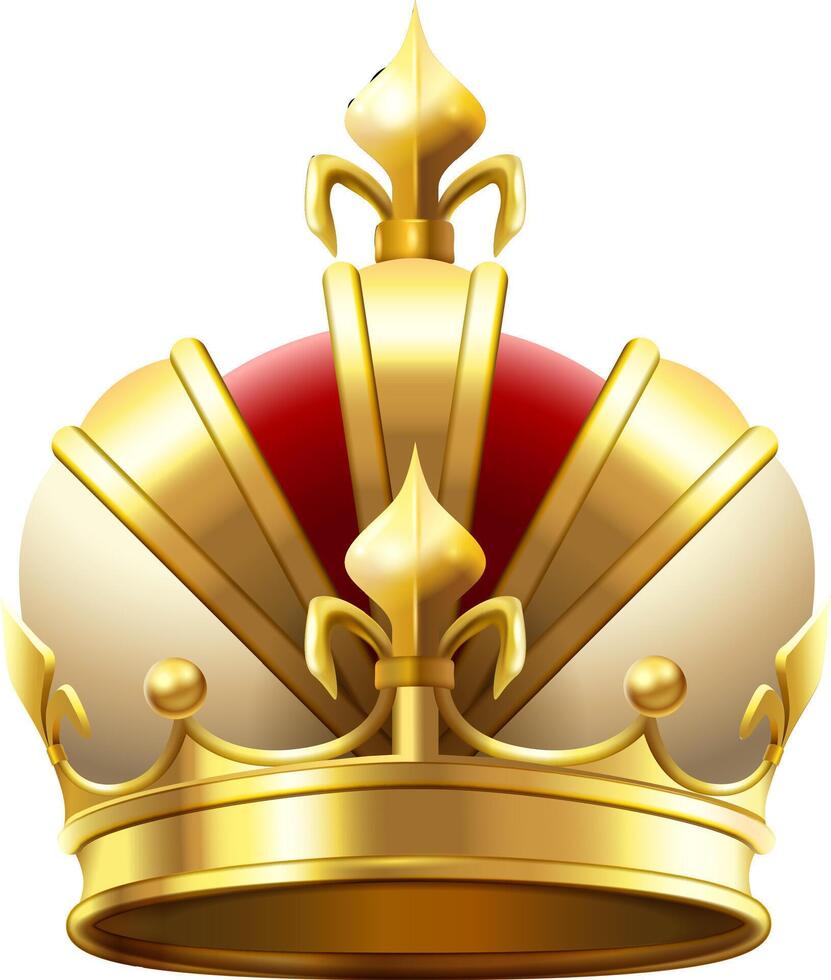 Golden royal crown with red and white velvet and fleur de lis symbol representing monarchy, power, authority, kingdom, and leadership, isolated on white background vector