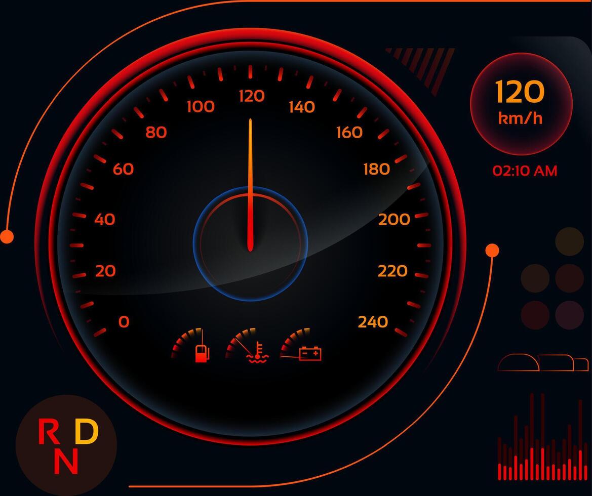 Futuristic car dashboard displaying speed, fuel level, temperature, battery status, and the current time, illuminated in vibrant orange and red hues against a dark background vector