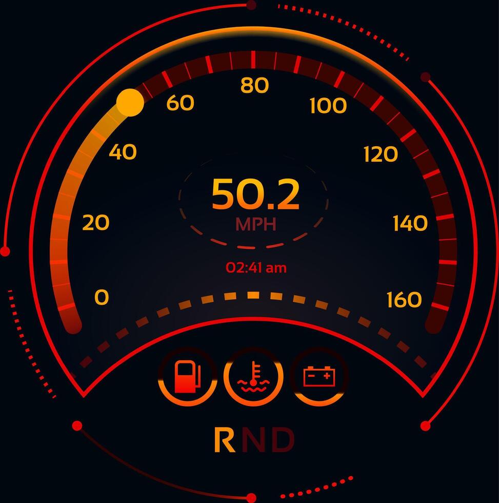 Futuristic speedometer featuring illuminated orange and red markings, displaying 50.2 mph at 2,41 am, alongside fuel, temperature, and battery indicators, highlighting automotive performance vector