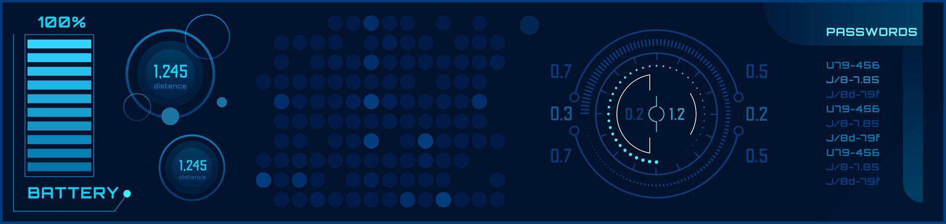 Futuristic head up display - HUD - interface with glowing blue graphics indicating battery level, statistics, and passwords, suggesting advanced technology and data monitoring vector