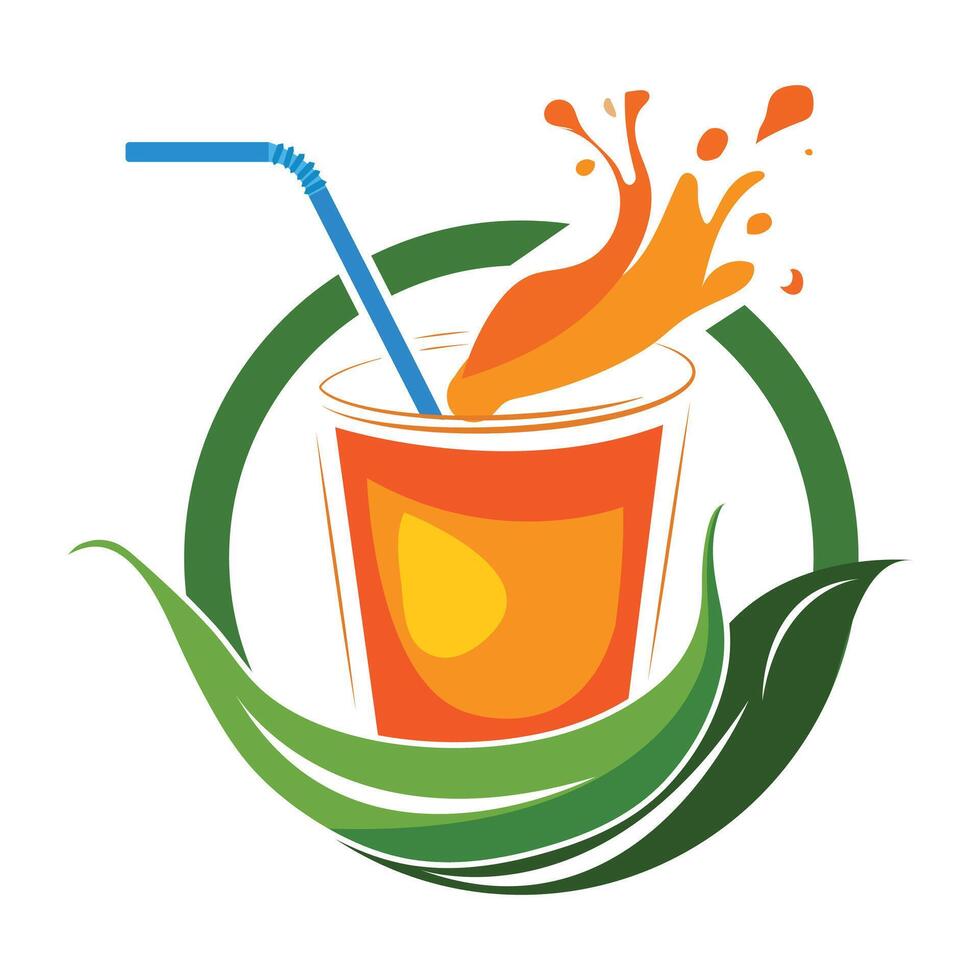Refreshing Orange Juice Splash with Green Leaf Design vector