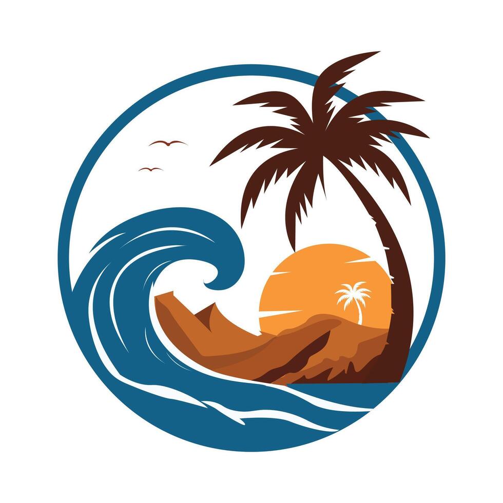 Tropical Beach Sunset with Palm Tree and Ocean Wave Illustration vector