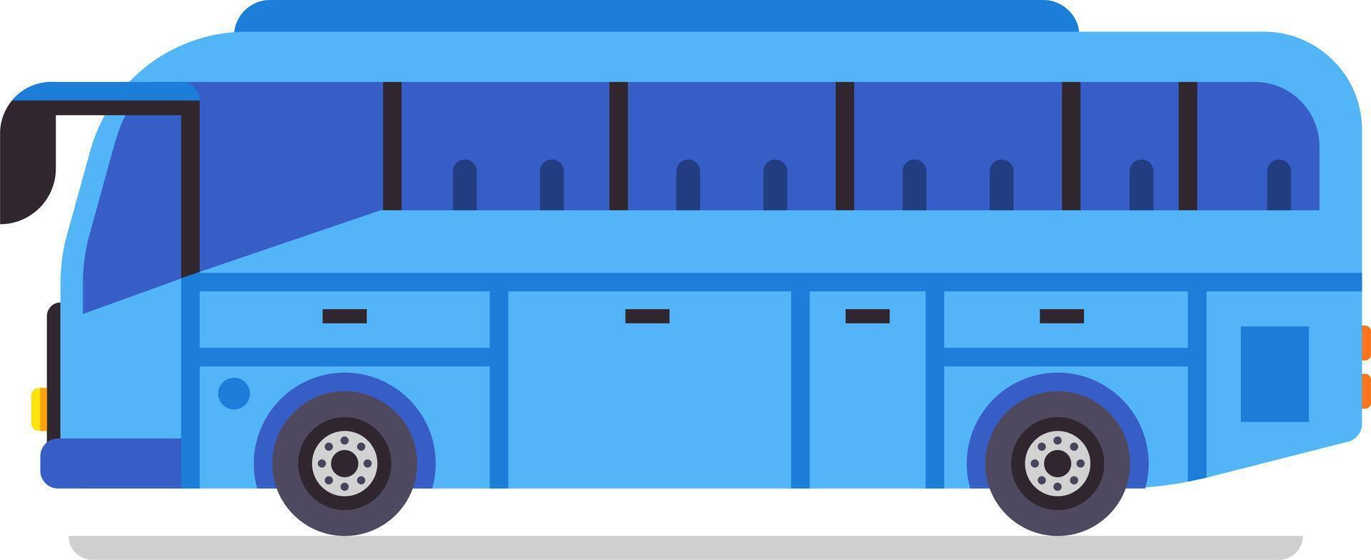 Large blue coach bus with dark tinted windows parked on a road is ready for a trip, carrying passengers to their destination, side view, flat design vector