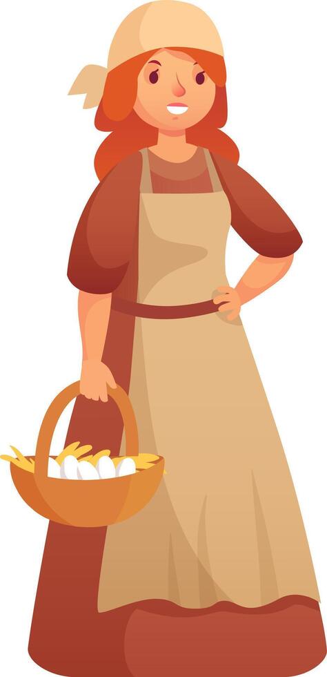 Redhead farmer woman wearing an apron and headscarf, holding a wicker basket brimming with fresh white eggs and straw, smiling joyfully at a vibrant marketplace vector