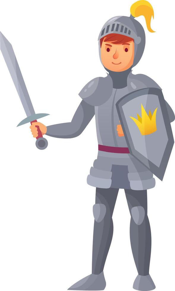 Cartoon illustration of a medieval knight wearing armor, holding a sword and shield with a crown symbol, representing courage, honor, and royalty vector