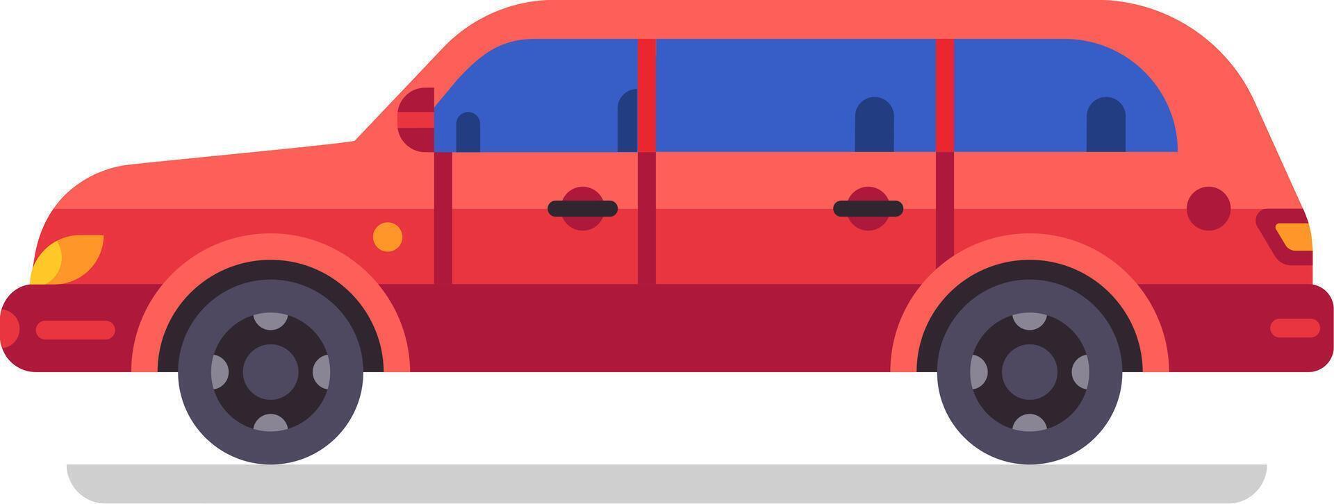 Red limousine car featuring tinted windows, parked against a white background, showcasing a luxurious vehicle designed for elegant transportation services and VIP travel vector