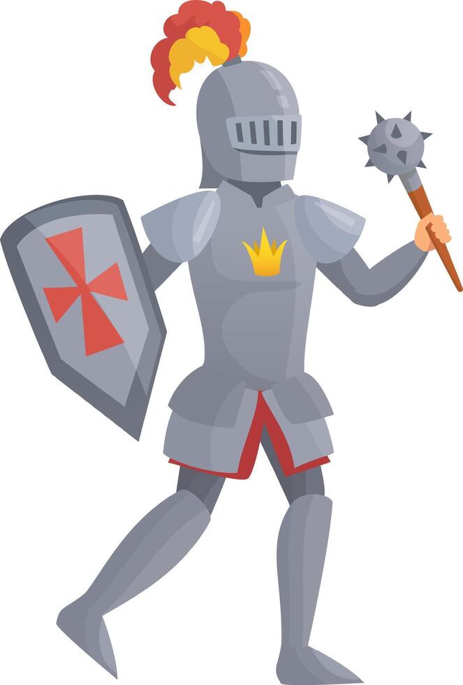 Medieval knight character, clad in shining armor and a feathered helmet, confidently walking while wielding a mace and shield, embodying strength and valor in battle vector