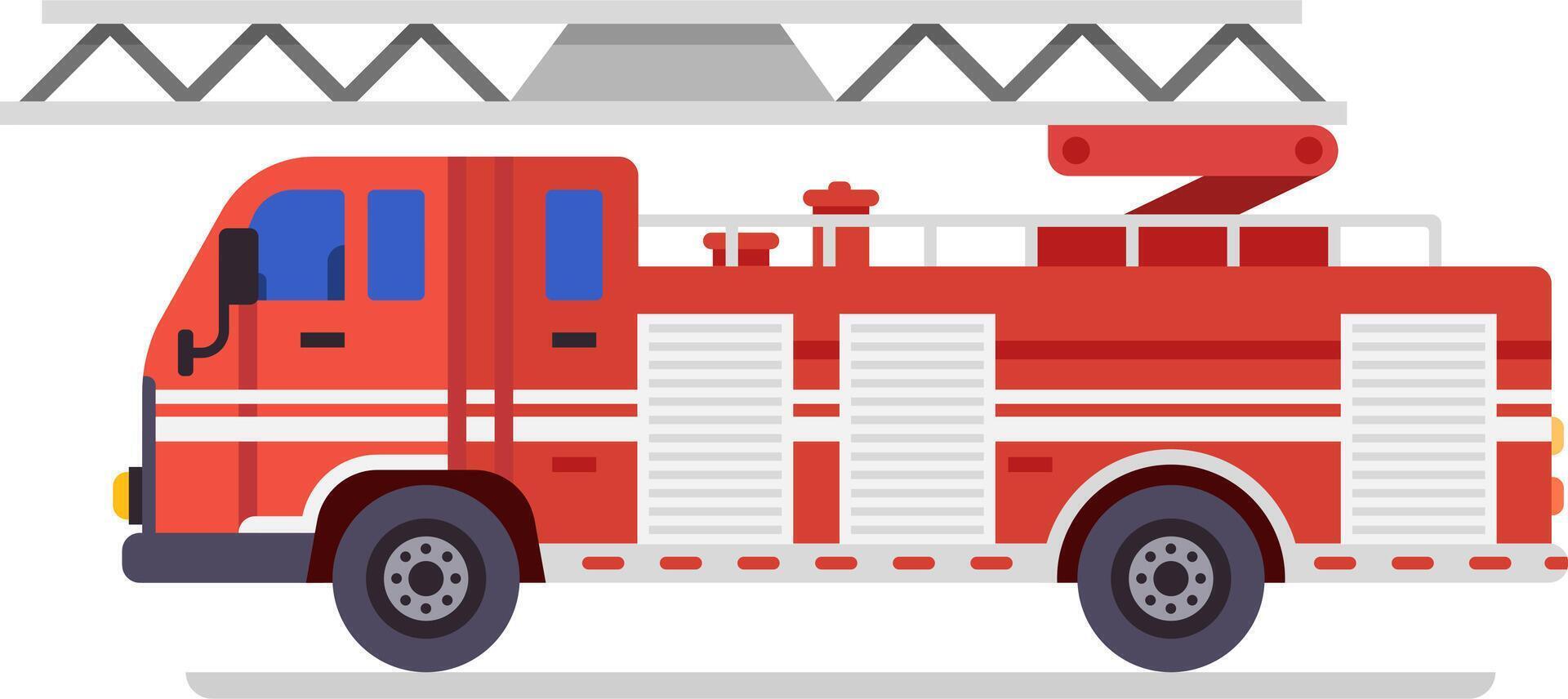 Red firetruck parked against a white background, featuring an extended ladder and water tank, symbolizing firefighting, emergency response, and safety services vector