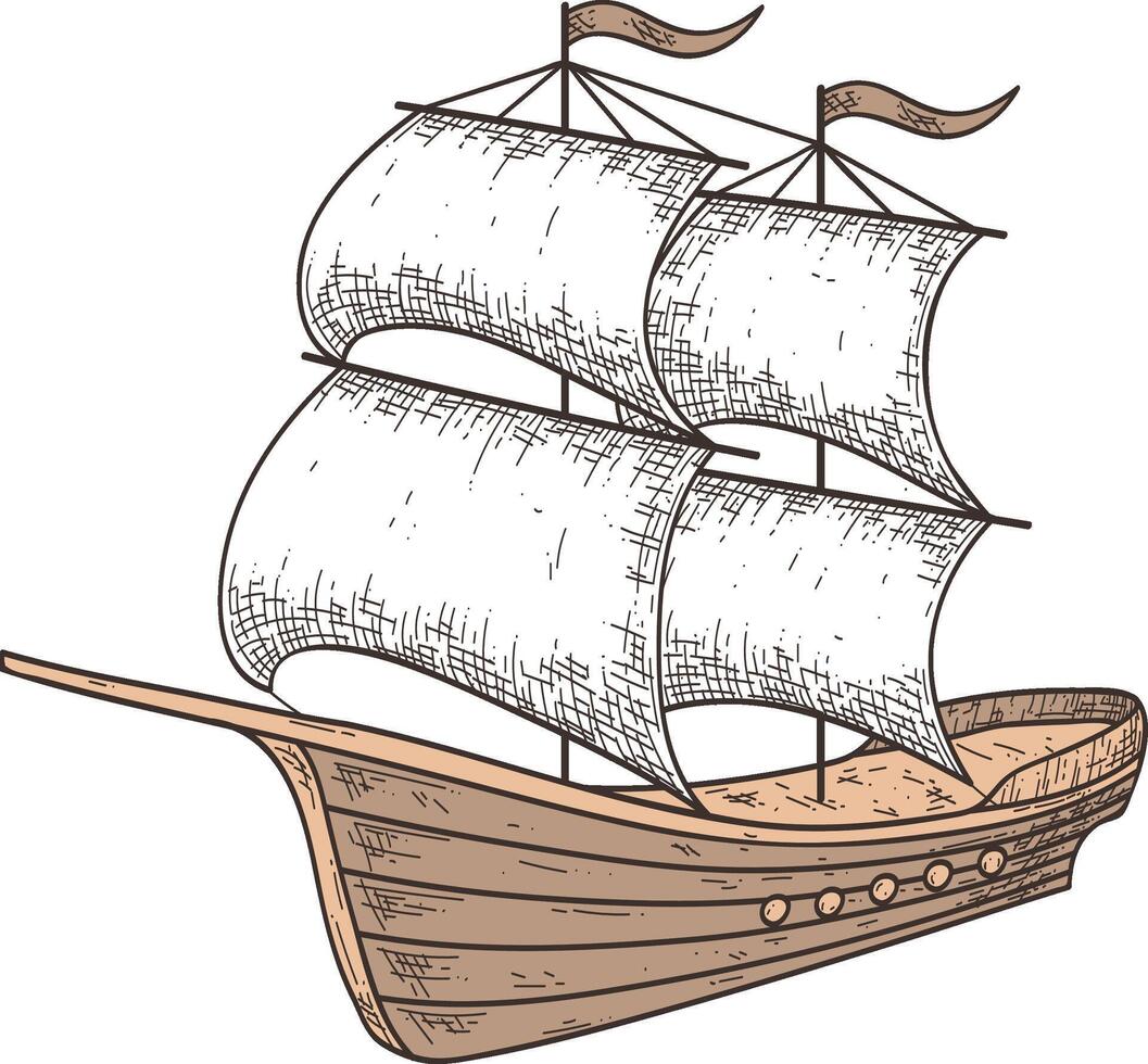 Hand drawn illustration of a vintage sailing ship, majestically navigating the open sea with its sails unfurled, flags waving in the wind, capturing the spirit of exploration and adventure vector