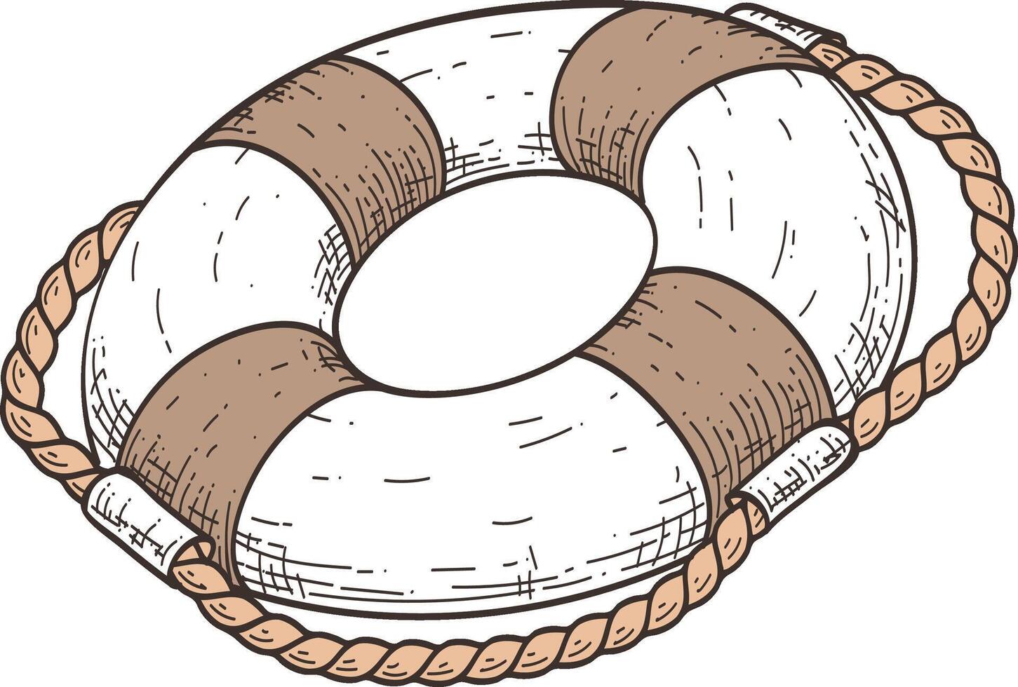 Hand drawn illustration of a lifebuoy with a rope, evoking themes of safety, rescue, and survival in a maritime setting, ideal for projects related to seafaring, emergencies, and assistance vector