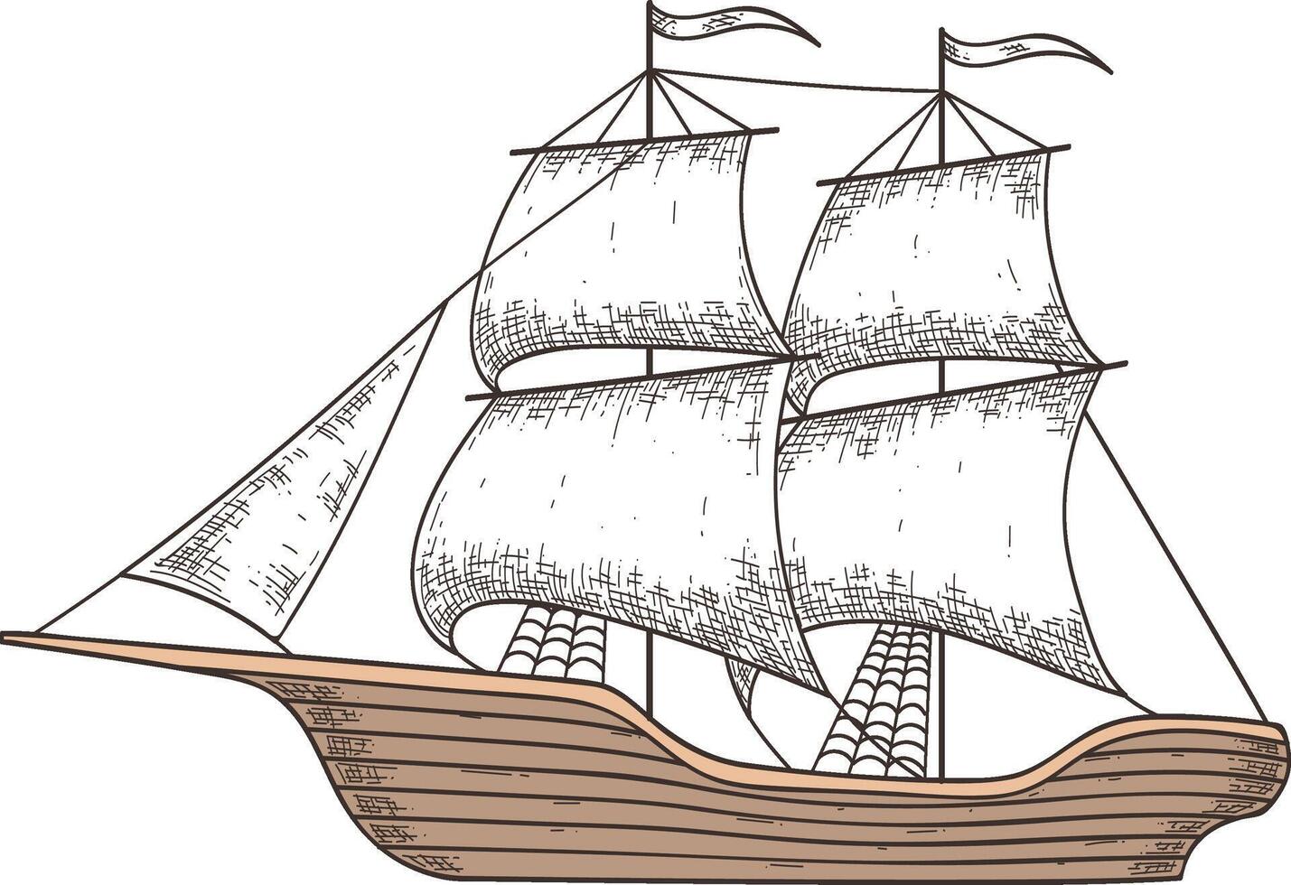 Hand drawn illustration depicting a caravel, a small, maneuverable sailing ship used by the Portuguese and Spanish for exploration and trade during the 15th to 17th centuries vector