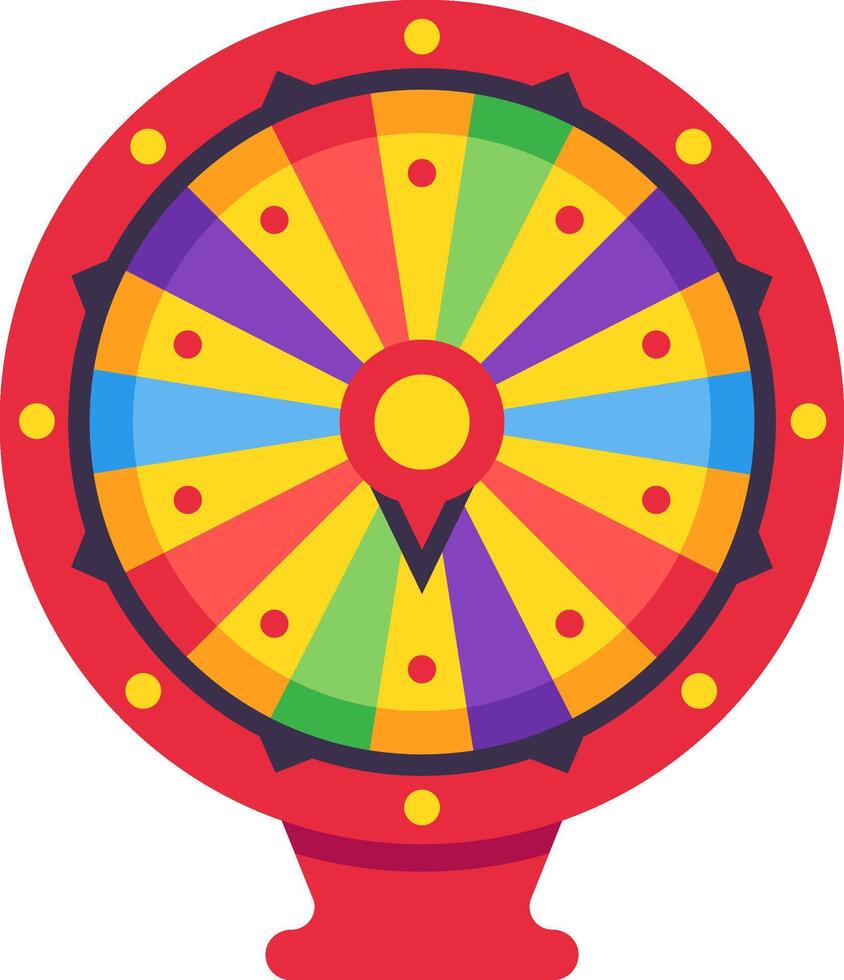Wheel of fortune with many colored segments representing multiple possibilities, spinning to determine random outcomes in a game or contest, creating excitement and anticipation vector