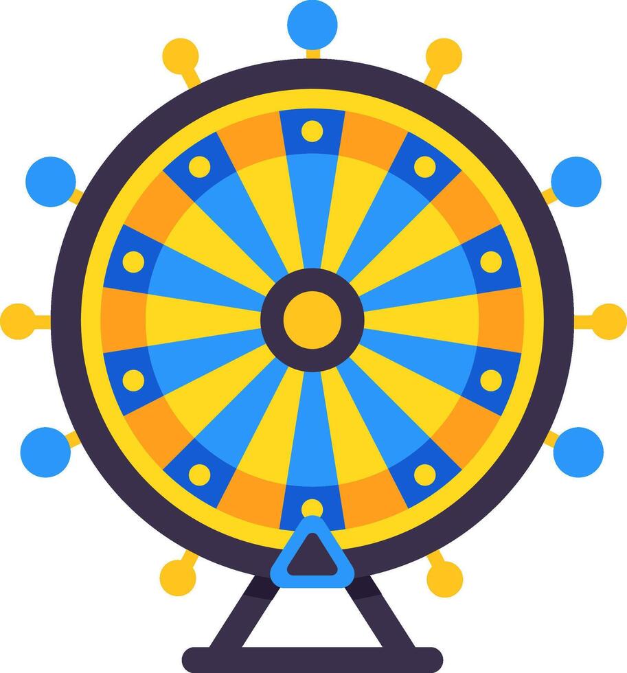 Vibrant and dynamic wheel of fortune is depicted, featuring alternating blue and yellow segments, symbolizing chance and the excitement of gambling and entertainment vector