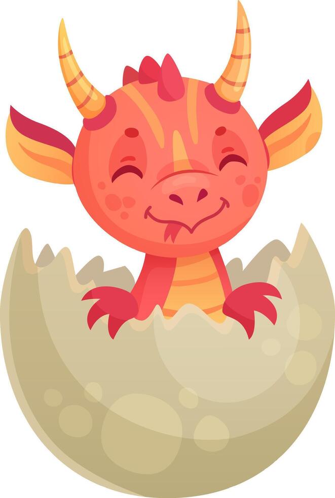 Red baby dragon with vibrant scales, horns, and wings hatching from its egg, eyes closed and wearing a joyful smile, isolated against a clean white background vector