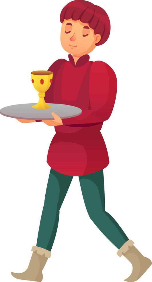 Young page dressed in medieval attire carefully carrying a golden chalice on a silver tray, fulfilling duties in a royal court or monastery setting vector
