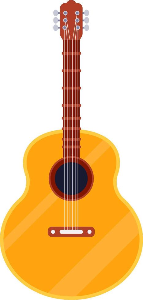 Vertical studio shot of a classic yellow acoustic guitar with brown neck, tuning pegs and strings, isolated on white background, representing music, entertainment and leisure vector