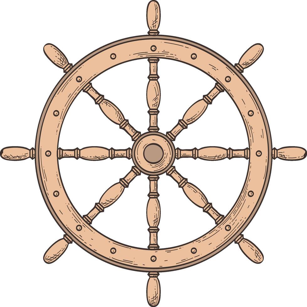 Hand drawn illustration of a classic wooden ship's wheel, symbolizing maritime navigation, control, and adventure on the open waters vector
