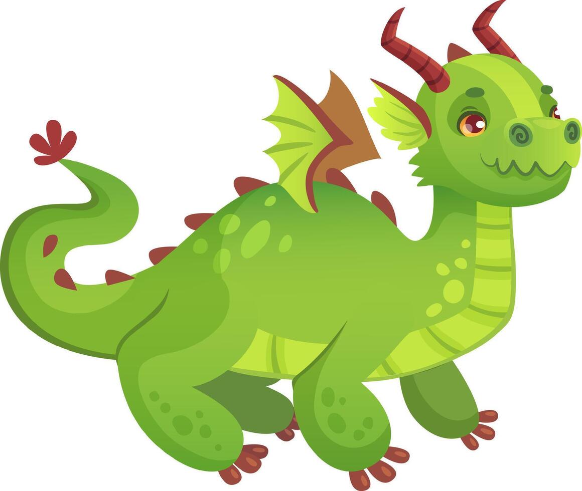 Cute green dragon walking and smiling, showing its friendly nature, ideal for children's books, fantasy stories, games, and any project that needs a touch of magic and wonder vector