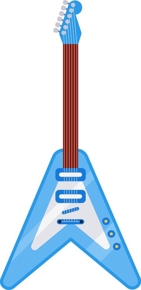 Light blue flying v electric guitar with white pickguard and brown fretboard standing up on plain white background, simple illustration vector