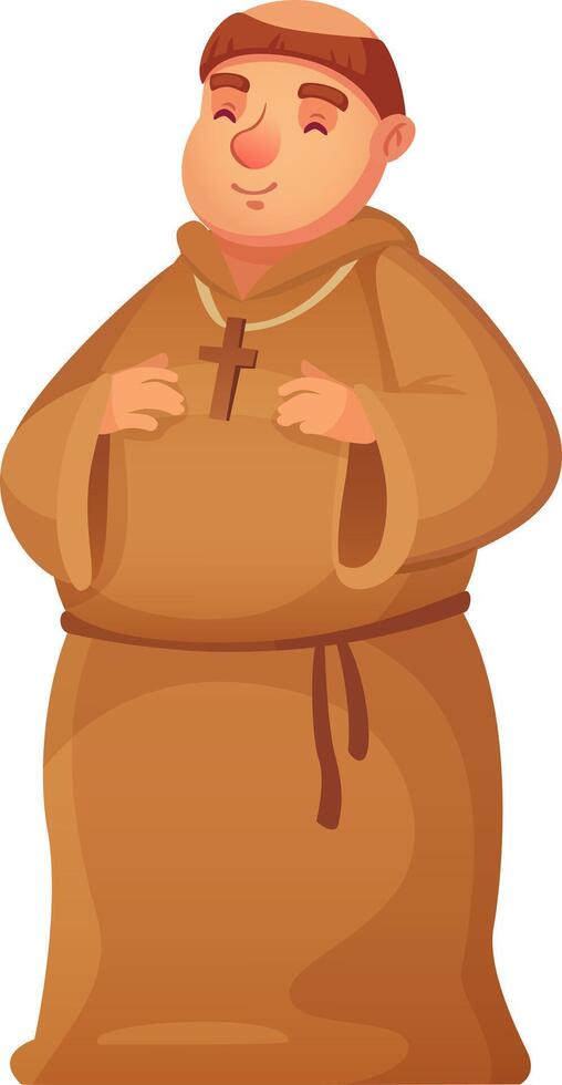 Cartoon monk wearing a brown tunic and cross necklace, praying with closed eyes and a serene smile, radiates faith and devotion, embodying spirituality and peace vector