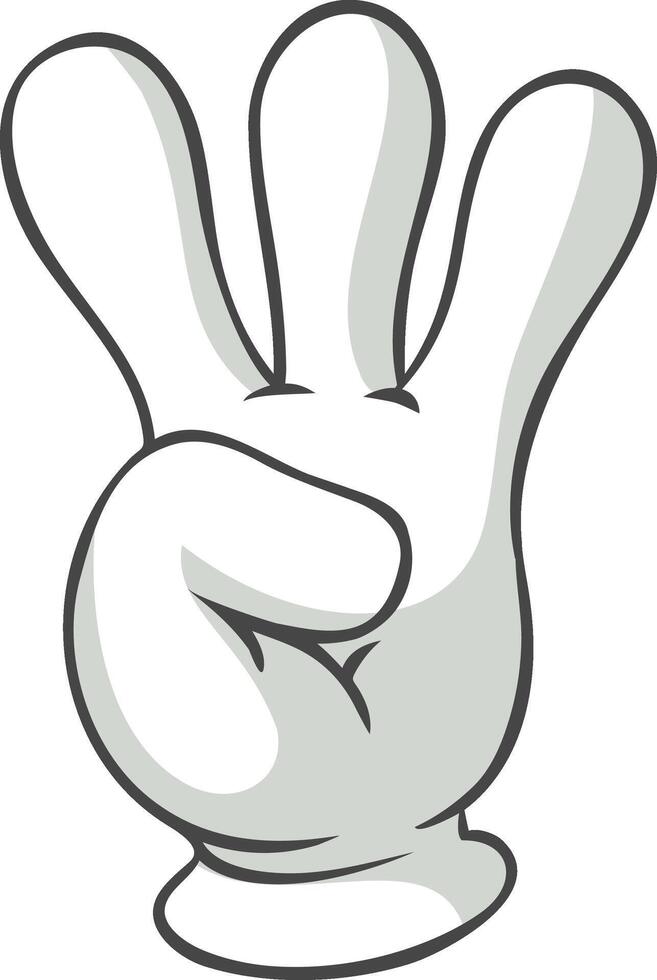 Cartoon hand wearing a white glove making a gesture with three fingers raised up, isolated on a white background, ideal for communication and counting concepts vector
