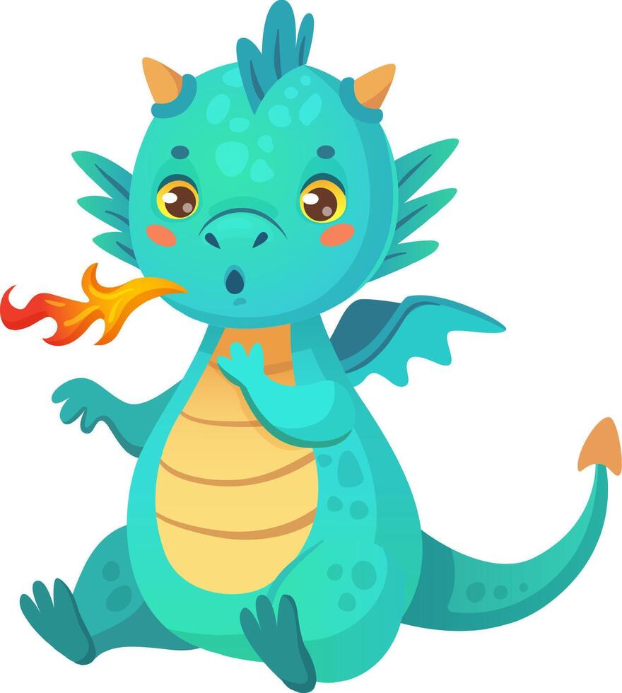 Cartoon turquoise dragon breathing fire with a surprised expression, sitting and looking amazed, fantasy character for children book illustrations vector