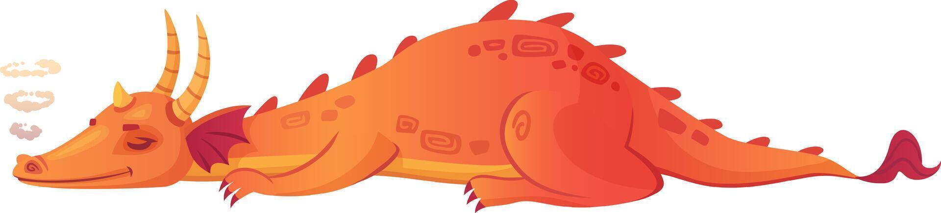 Cartoon orange dragon with vibrant red wings and prominent horns lying peacefully on the ground, sleeping while gently blowing smoke from its nostrils in a whimsical fantasy setting vector
