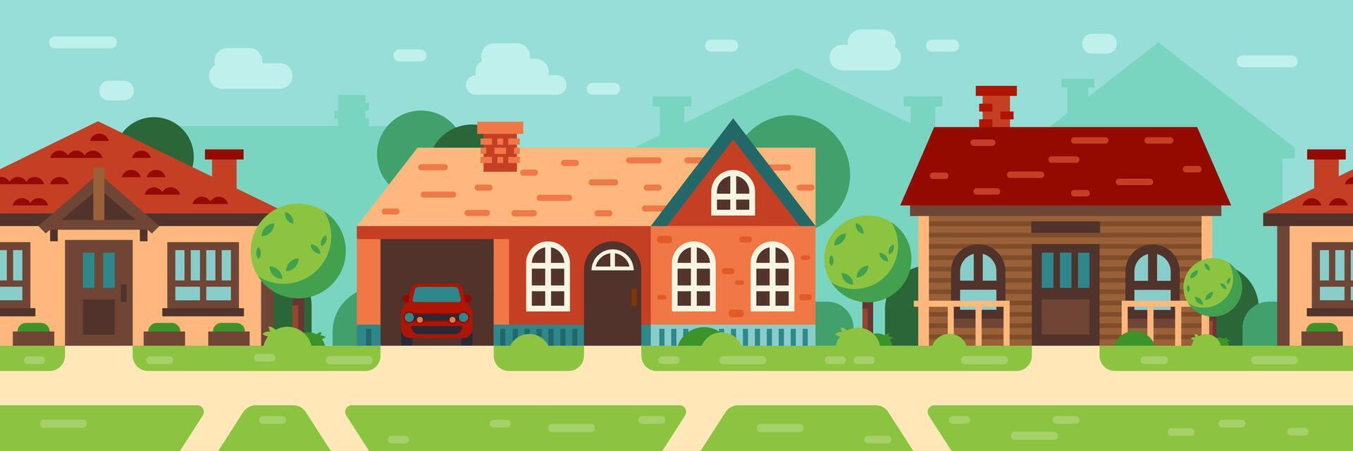 Cozy suburban street with detached houses and green trees showing a quiet residential area with parked car under blue sky with some clouds, ideal for real estate and lifestyle concepts vector